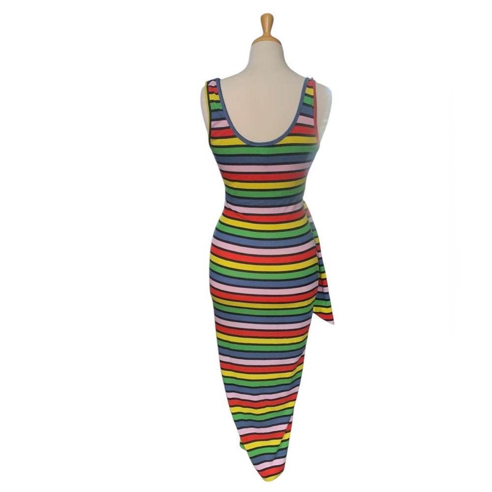 Vintage 90’s era rainbow striped bodycon maxi dress with waist tie size M - Picture 3 of 5
